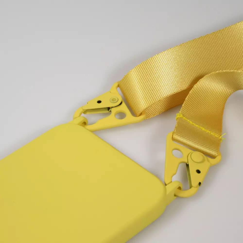 Coque iPhone 14 Pro Max - Silicone mat avec lanière et mousqueton en fer - Jaune