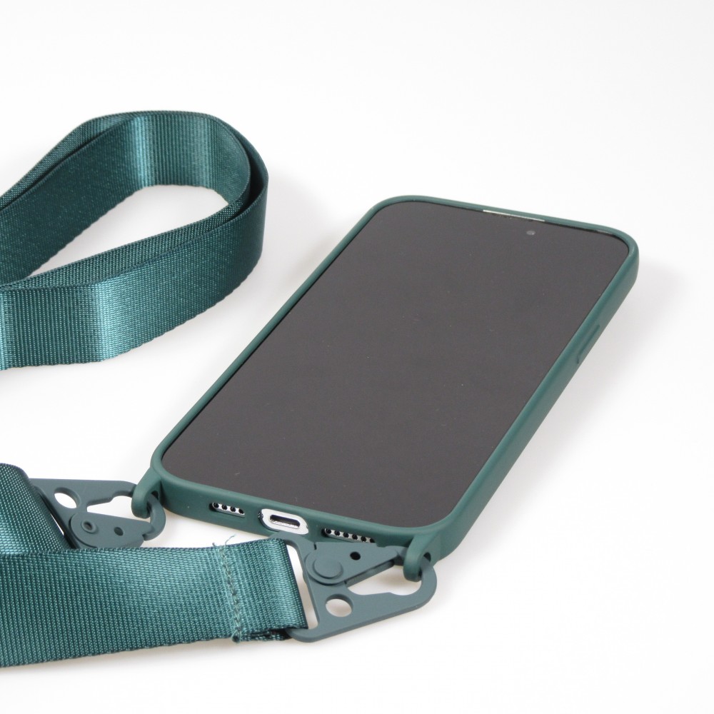 iPhone 14 Pro Max Case Hülle - Silikon matt mit Trageschlaufe und Metall Karabiner - Dunkelgrün