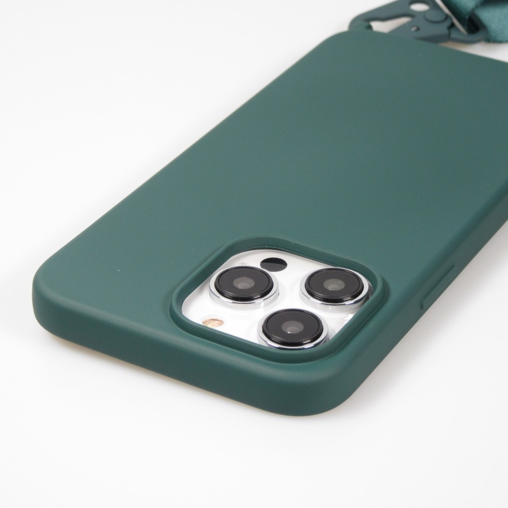 iPhone 14 Pro Max Case Hülle - Silikon matt mit Trageschlaufe und Metall Karabiner - Dunkelgrün