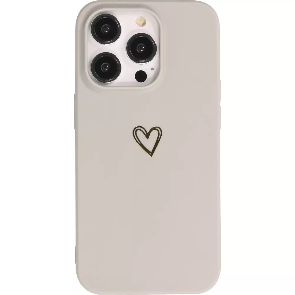 Coque iPhone 16 Pro - Silicone mat dessin cœur doré - Gris