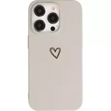 Coque iPhone 16 Pro - Silicone mat dessin cœur doré - Gris