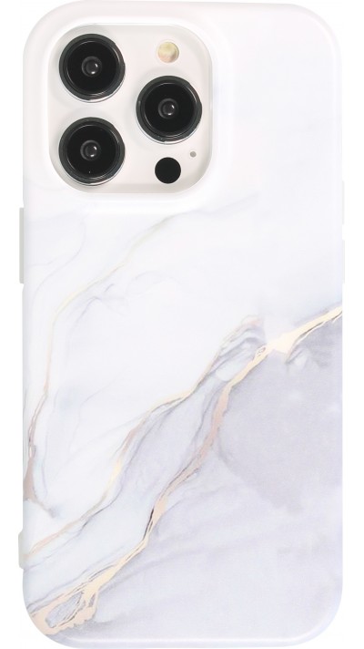 iPhone 14 Pro Case Hülle - Mattes Silikon mit aufgedrucktem Marmoreffekt - Weiss grau