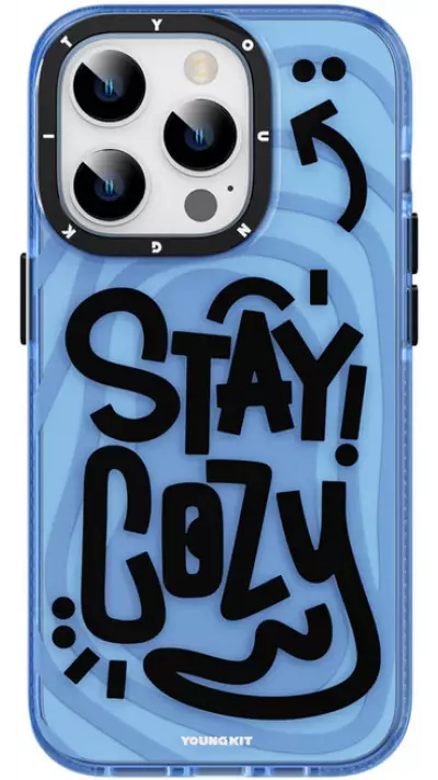 iPhone 14 Pro Case H&uuml;lle - Youngkit Happy Mood Glossy Case Stay Cozy - Blau