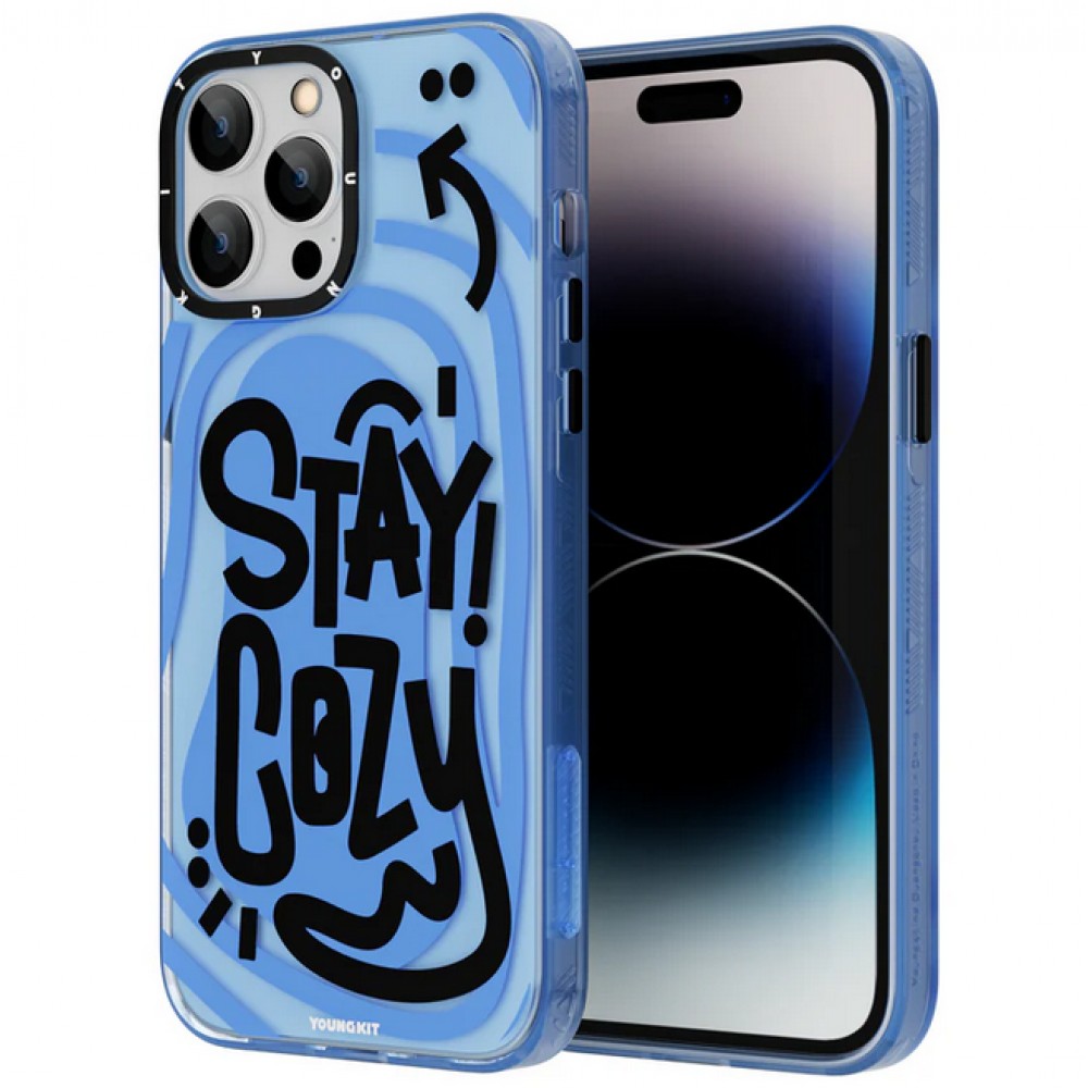 iPhone 14 Pro Case H&uuml;lle - Youngkit Happy Mood Glossy Case Stay Cozy - Blau