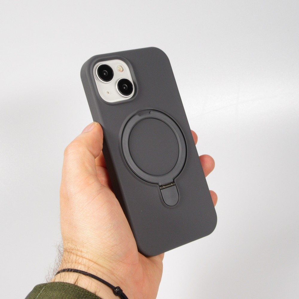 iPhone 14 Case H&uuml;lle - Silikon matt MagSafe mit Haltering - Grau