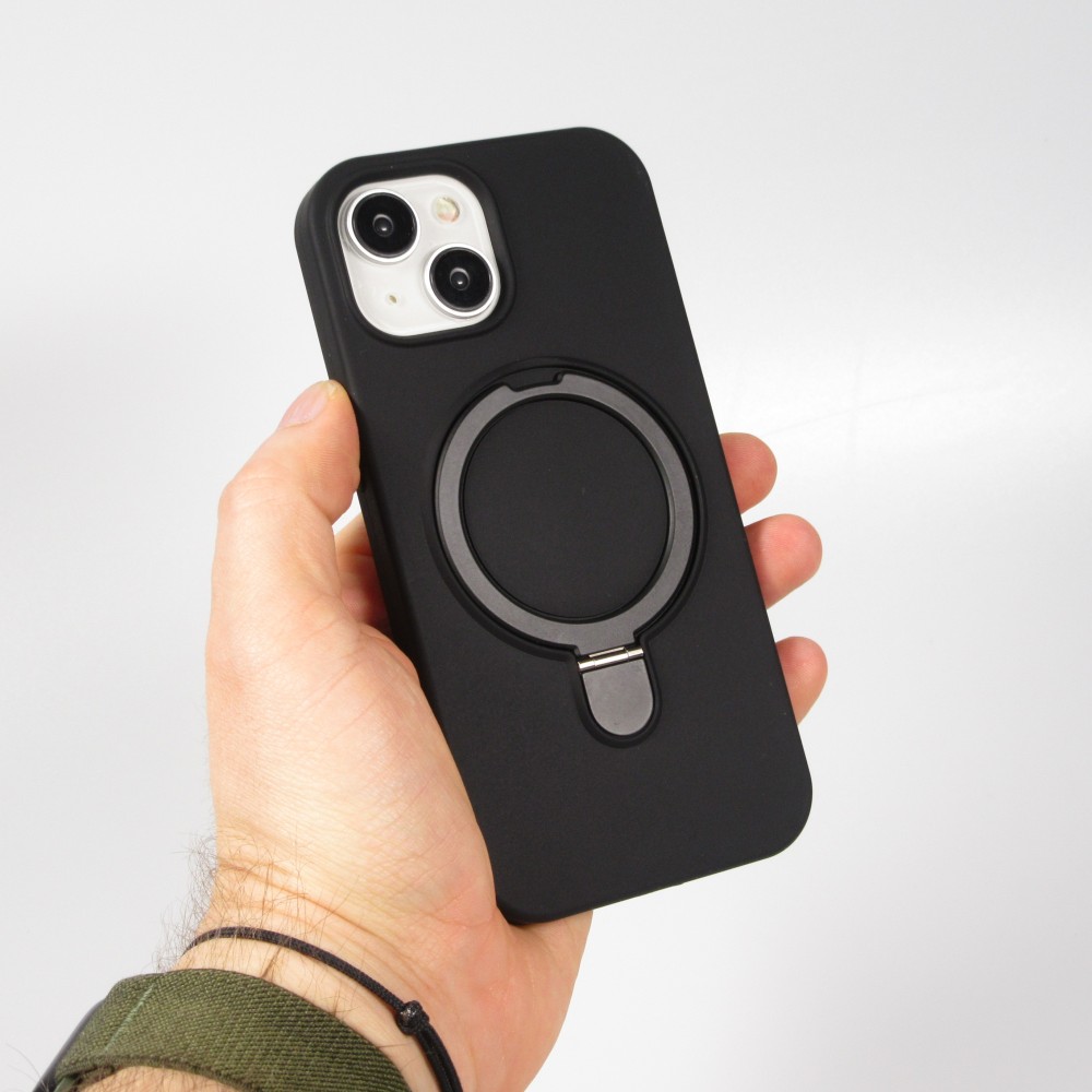 iPhone 14 Case H&uuml;lle - Silikon matt MagSafe mit Haltering - Schwarz