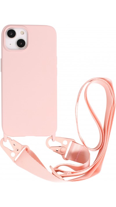 iPhone 14 Case Hülle - Silikon matt mit Trageschlaufe und Metall Karabiner - Rosa