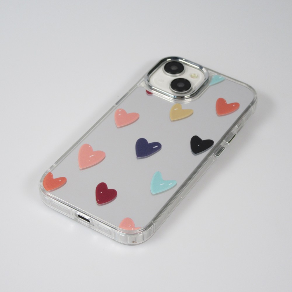 iPhone 14 Case Hülle - Transparentes Silikon Many Hearts mit Spiegeleffekt