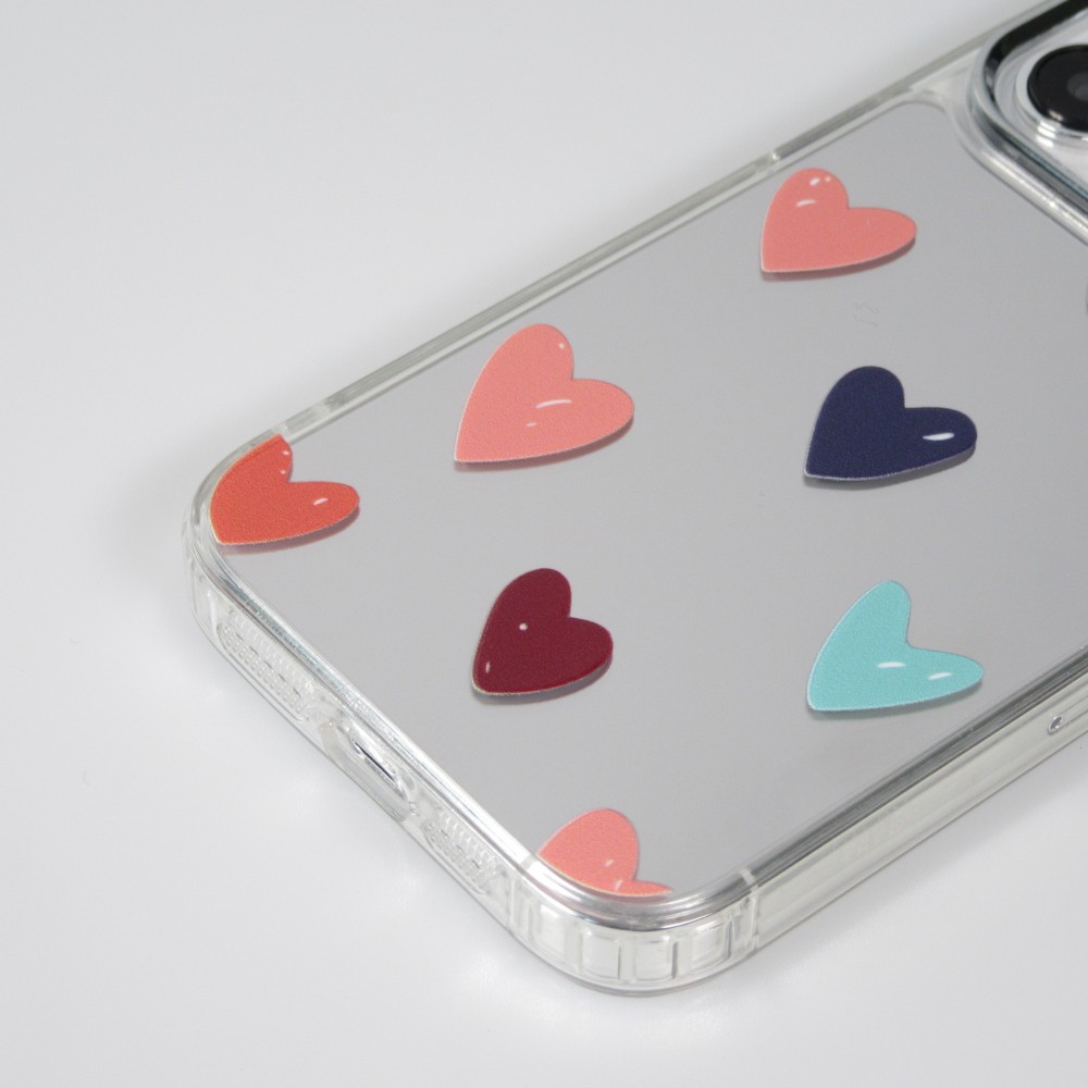 iPhone 14 Case Hülle - Transparentes Silikon Many Hearts mit Spiegeleffekt