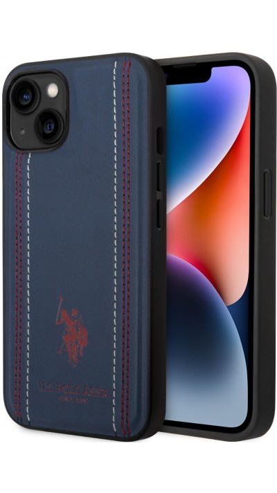 iPhone 14 Case Hülle - U.S. Polo Assn. Kunstleder mit Nähten und aufgedrucktem Logo in Rot - Blau