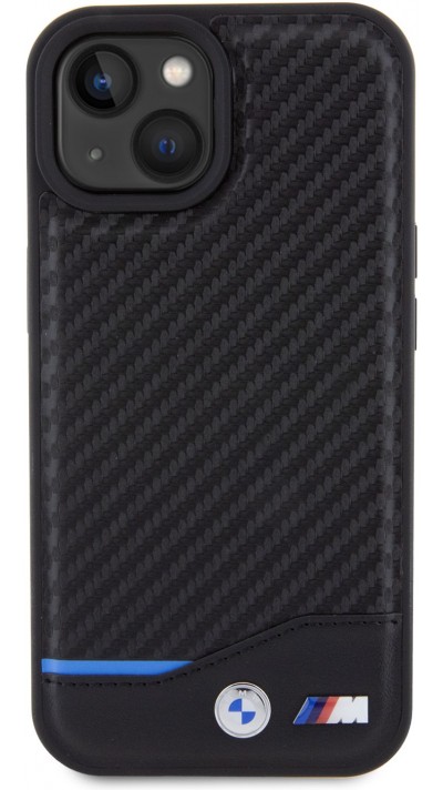 iPhone 15 Plus Case Hülle - BMW M Karbon-Effekt und Leder mit geprägtem Metall-Logo - Schwarz