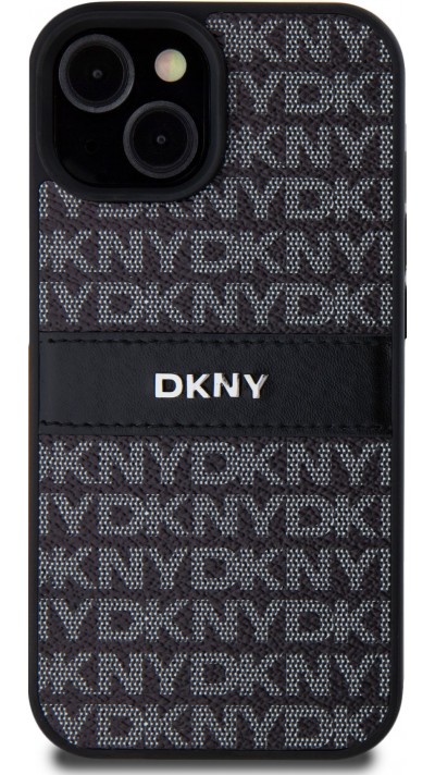 iPhone 15 Case Hülle - DKNY Silikon Kunstleder Monogramm Metall-Logo - Schwarz