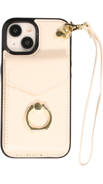 iPhone 15 Plus Case Hülle - DeLuxe elegantes Lederlook Cover mit Wallet + Tragering - Weiss