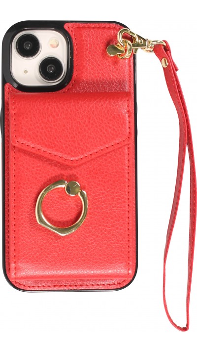 iPhone 15 Case Hülle - DeLuxe elegantes Lederlook Cover mit Wallet + Tragering - Rot