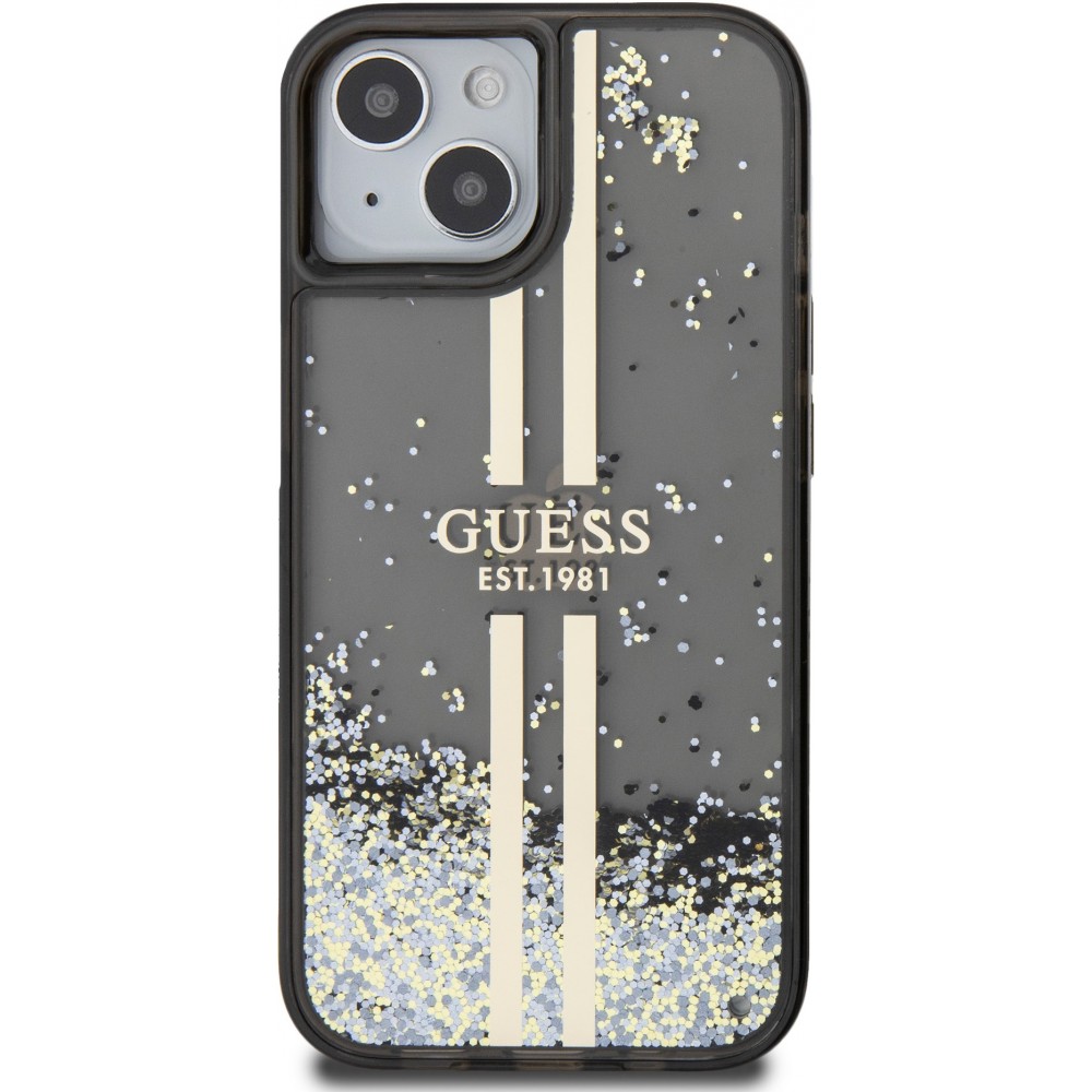 Coque iPhone 15 - Guess gel rigide paillettes liquides or et argent avec logo doré - Noir