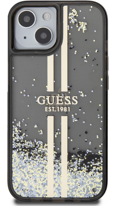 iPhone 15 Case Hülle - Guess starres Gel flüssiger Glitter in Gold und Silber mit goldenem Logo - Schwarz