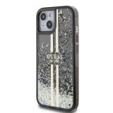 Coque iPhone 15 - Guess gel rigide paillettes liquides or et argent avec logo doré - Noir
