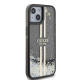 Coque iPhone 15 - Guess gel rigide paillettes liquides or et argent avec logo doré - Noir