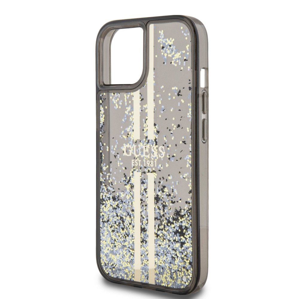 Coque iPhone 15 - Guess gel rigide paillettes liquides or et argent avec logo doré - Noir