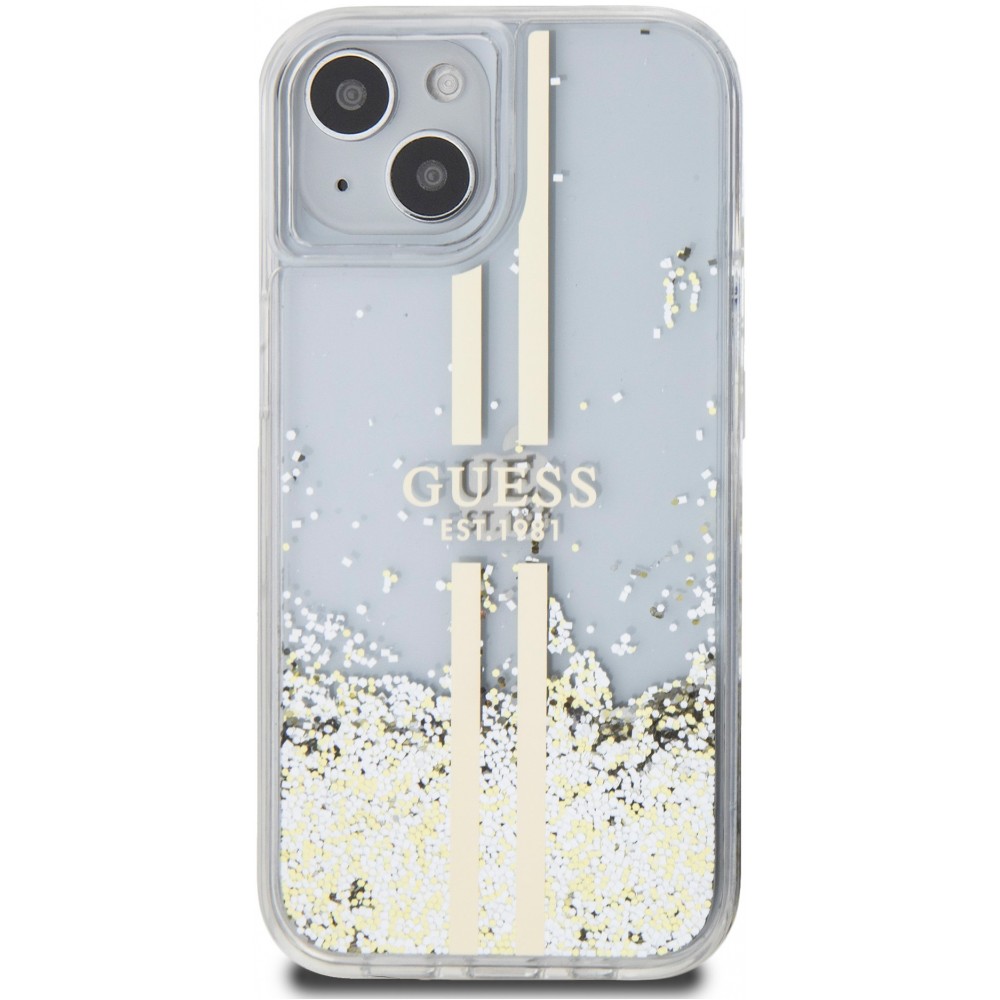 iPhone 15 Case Hülle - Guess starres Gel flüssiger Glitter in Gold und Silber mit goldenem Logo - Transparent