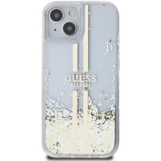 iPhone 15 Case Hülle - Guess starres Gel flüssiger Glitter in Gold und Silber mit goldenem Logo - Transparent