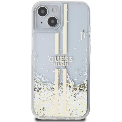 iPhone 15 Case Hülle - Guess starres Gel flüssiger Glitter in Gold und Silber mit goldenem Logo - Transparent