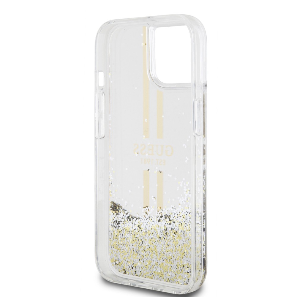 iPhone 15 Case Hülle - Guess starres Gel flüssiger Glitter in Gold und Silber mit goldenem Logo - Transparent