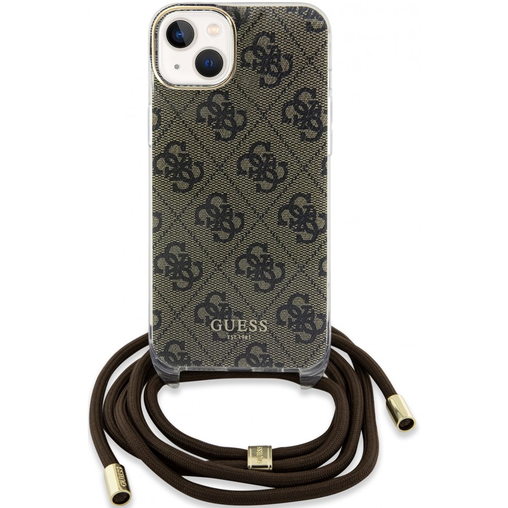 iPhone 15 Case Hülle - Guess Monogramm in Lackoptik mit integriertem verstellbarem Riemen - Braun