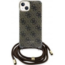 iPhone 15 Case Hülle - Guess Monogramm in Lackoptik mit integriertem verstellbarem Riemen - Braun