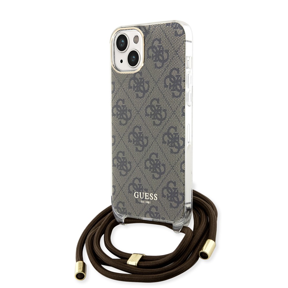 iPhone 15 Case Hülle - Guess Monogramm in Lackoptik mit integriertem verstellbarem Riemen - Braun