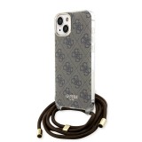 iPhone 15 Case Hülle - Guess Monogramm in Lackoptik mit integriertem verstellbarem Riemen - Braun