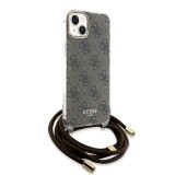 iPhone 15 Case Hülle - Guess Monogramm in Lackoptik mit integriertem verstellbarem Riemen - Braun