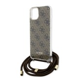 iPhone 15 Case Hülle - Guess Monogramm in Lackoptik mit integriertem verstellbarem Riemen - Braun
