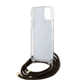 iPhone 15 Case Hülle - Guess Monogramm in Lackoptik mit integriertem verstellbarem Riemen - Braun