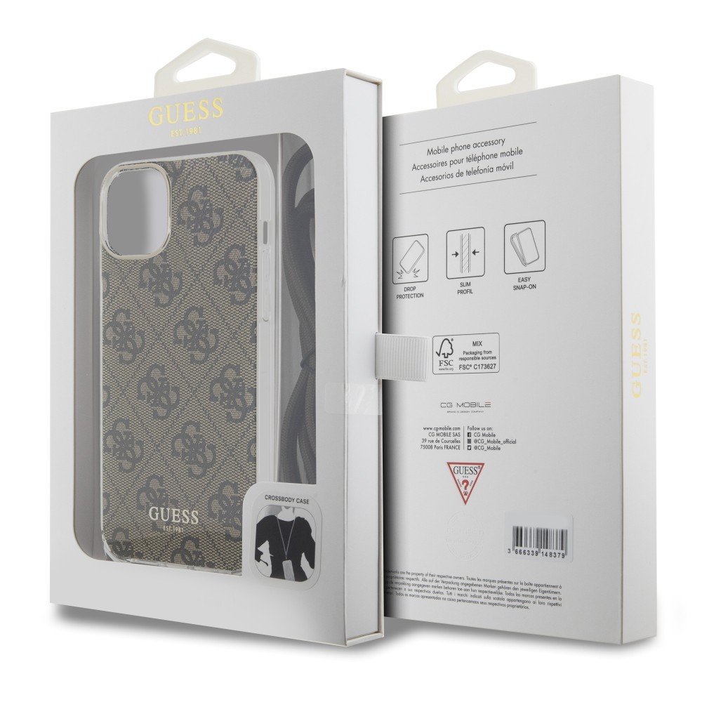 iPhone 15 Case Hülle - Guess Monogramm in Lackoptik mit integriertem verstellbarem Riemen - Braun