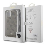 iPhone 15 Case Hülle - Guess Monogramm in Lackoptik mit integriertem verstellbarem Riemen - Braun
