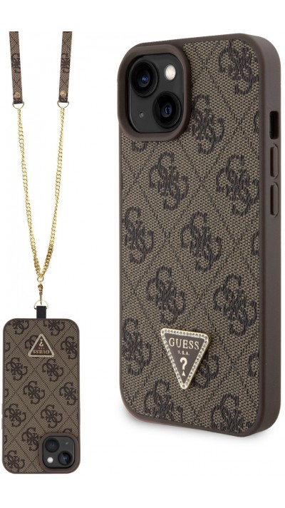 iPhone 15 Case Hülle - Guess Monogramm Kunstleder Metall-Logo und Strass mit abnehmbarem Riemen - Braun