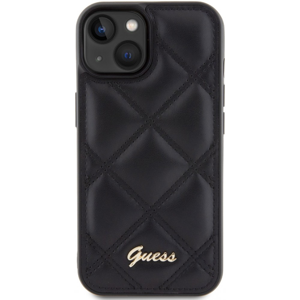 Coque iPhone 15 - Guess similicuir molletonné en carreaux et logo doré métallique en relief - Noir