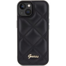 Coque iPhone 15 - Guess similicuir molletonné en carreaux et logo doré métallique en relief - Noir