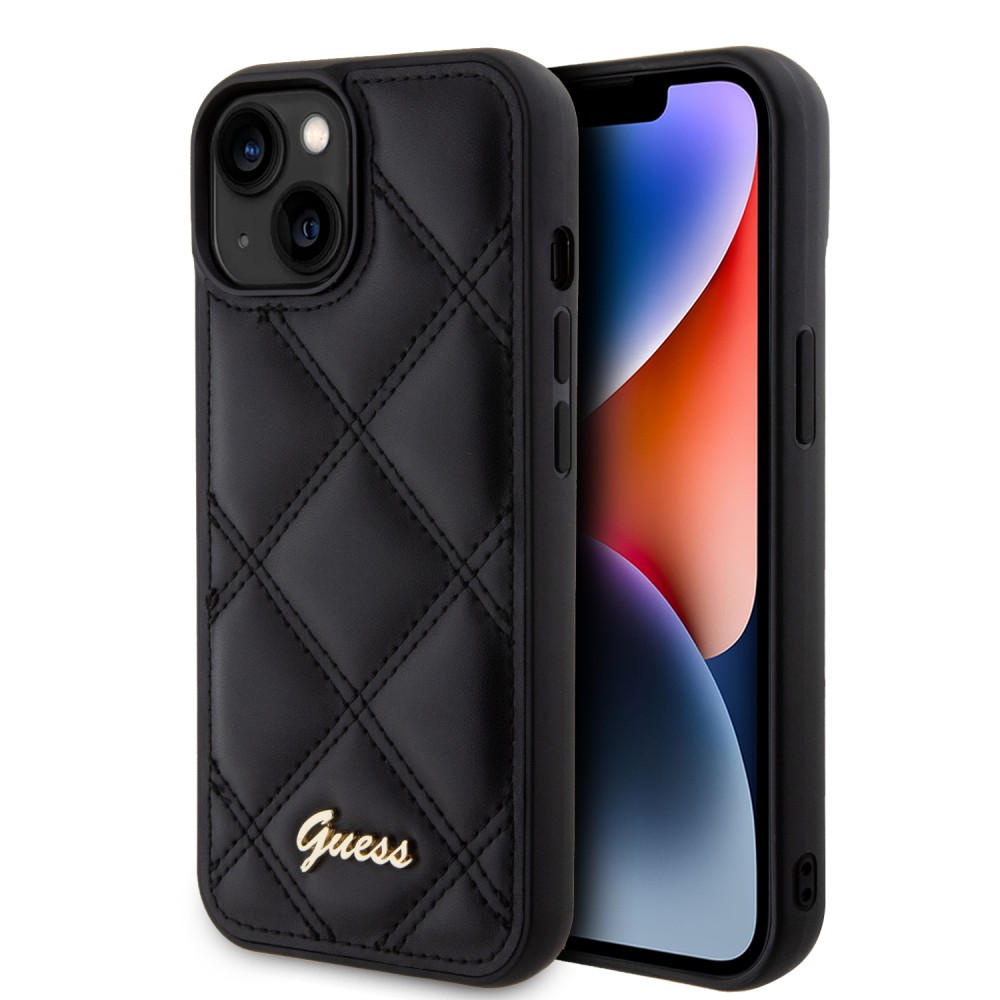 Coque iPhone 15 - Guess similicuir molletonné en carreaux et logo doré métallique en relief - Noir