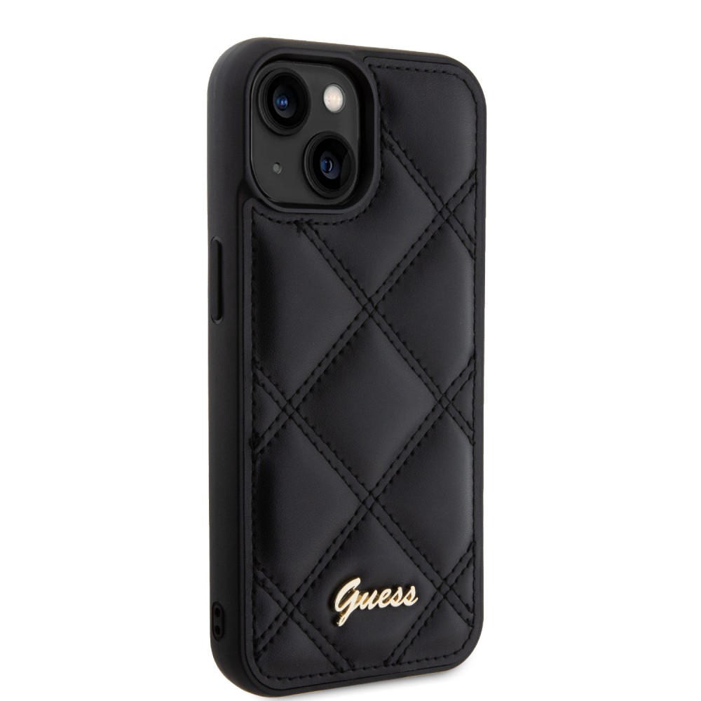 Coque iPhone 15 - Guess similicuir molletonné en carreaux et logo doré métallique en relief - Noir