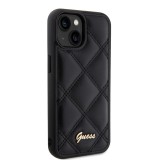 Coque iPhone 15 - Guess similicuir molletonné en carreaux et logo doré métallique en relief - Noir