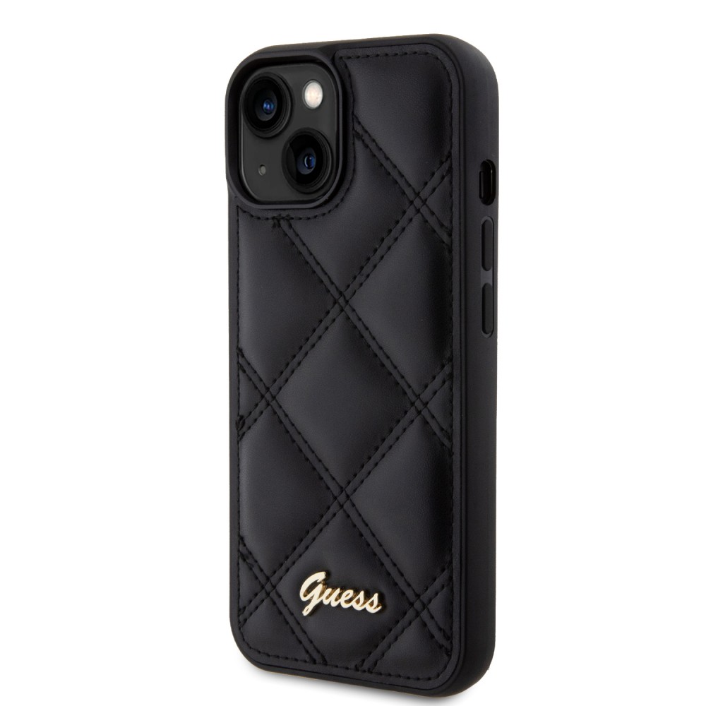 Coque iPhone 15 - Guess similicuir molletonné en carreaux et logo doré métallique en relief - Noir