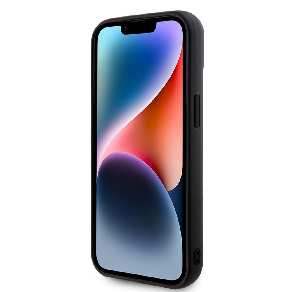 Coque iPhone 15 - Guess similicuir molletonné en carreaux et logo doré métallique en relief - Noir