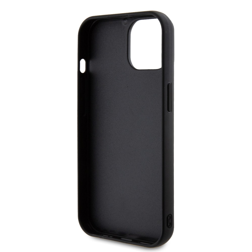 Coque iPhone 15 - Guess similicuir molletonné en carreaux et logo doré métallique en relief - Noir