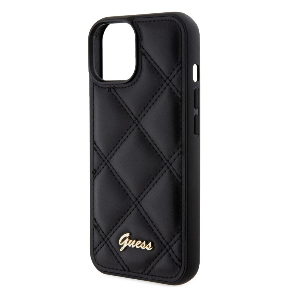 Coque iPhone 15 - Guess similicuir molletonné en carreaux et logo doré métallique en relief - Noir