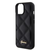 Coque iPhone 15 - Guess similicuir molletonné en carreaux et logo doré métallique en relief - Noir