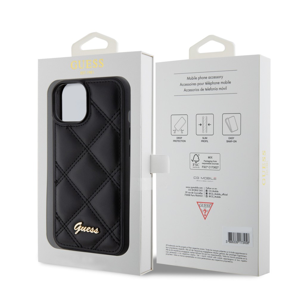 Coque iPhone 15 - Guess similicuir molletonné en carreaux et logo doré métallique en relief - Noir