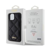 Coque iPhone 15 - Guess similicuir molletonné en carreaux et logo doré métallique en relief - Noir