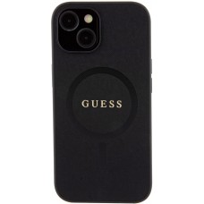 iPhone 15 Case Hülle - Guess Kunstleder Saffiano Gold Metall-Logo und MagSafe - Schwarz